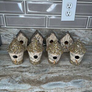 Set Of 8 Miniature Decorative Glitter Birdhouse Ornaments Printed Fabric